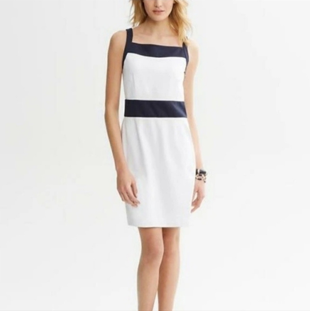 New Banana Republic Navy Blue & White Ponte Sheath Dress Women's Size 6